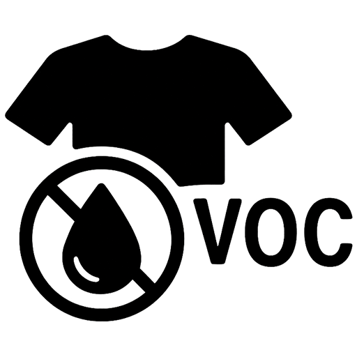 VOC emission reduction icon showing 80% fewer VOC emissions with non-toxic dyes